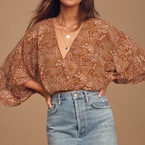 Lulus Brown Floral Print Sheer Smocked Top, Size S